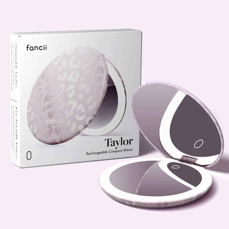 FANCII Taylor LED compact mirror in Cosmic Leopard with packaging and open mirror display