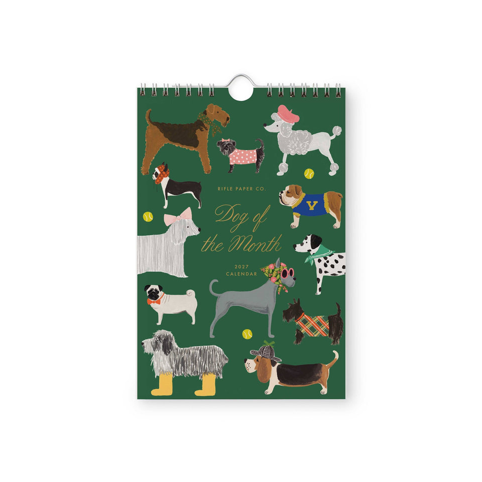 Rifle Paper Co. 2027 Dog of the Month calendar featuring colorful illustrated dog breeds on green background