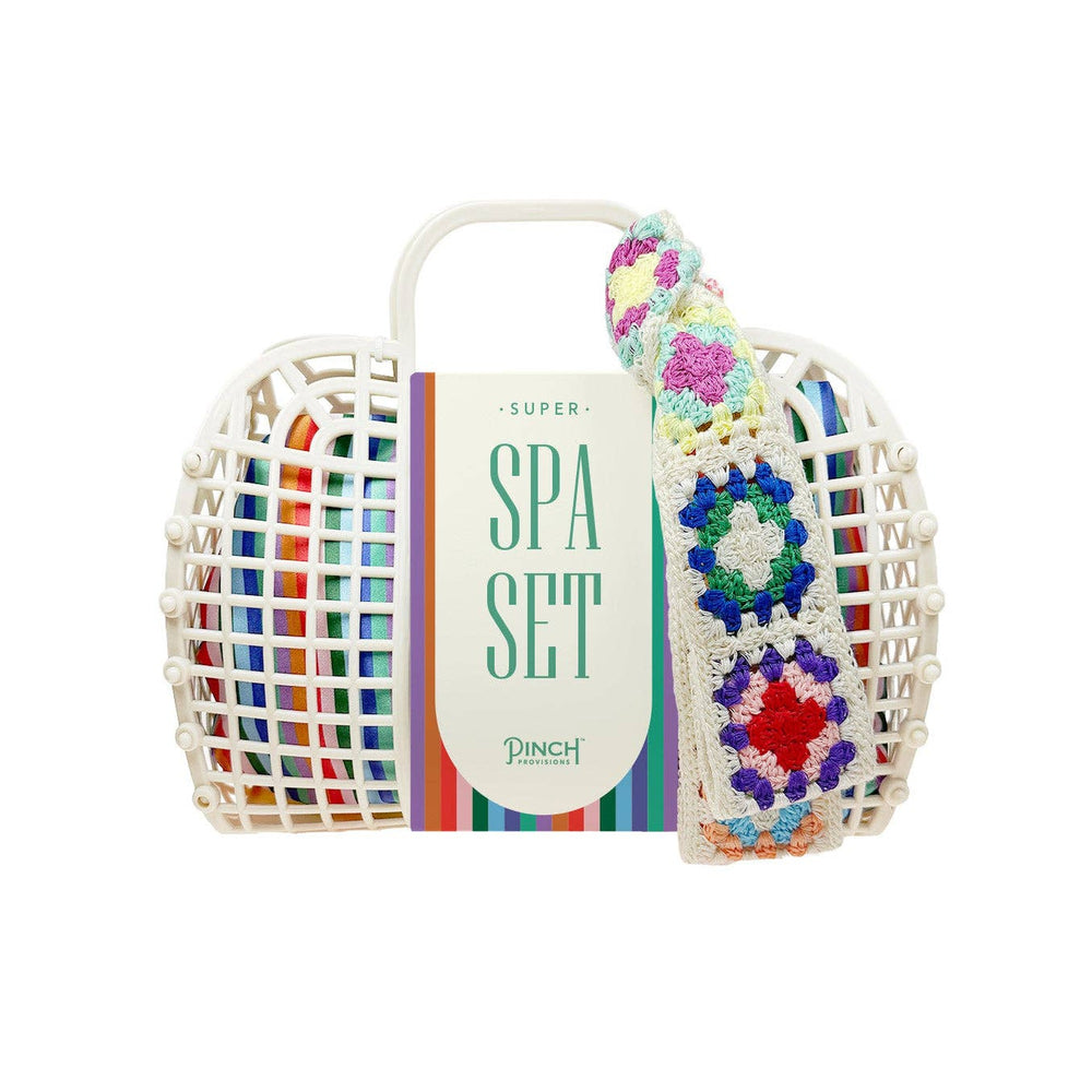 PINCH Provisions Super Spa Set Granny Square with colorful crochet washcloths in cream basket