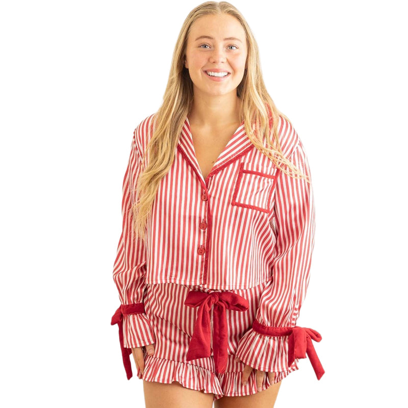 8 OAK LANE | Red Stripe Satin Ruffle Short PJ Set