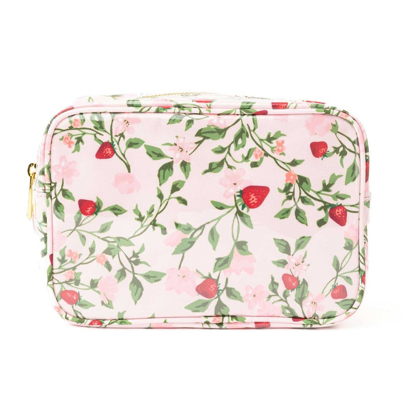 Berry Botanical clear coated rectangular cosmetic case with strawberry and floral print on pink background