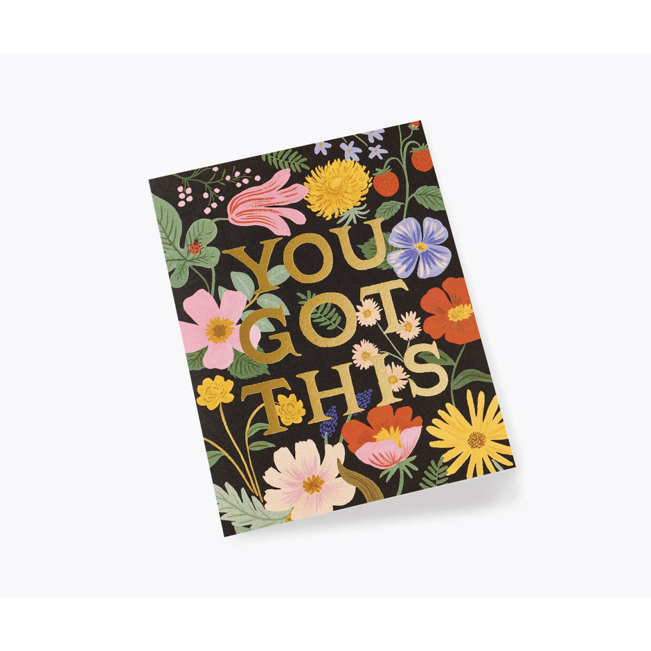 You Got This greeting card with black background and colorful floral botanical illustrations by Rifle Paper Co.