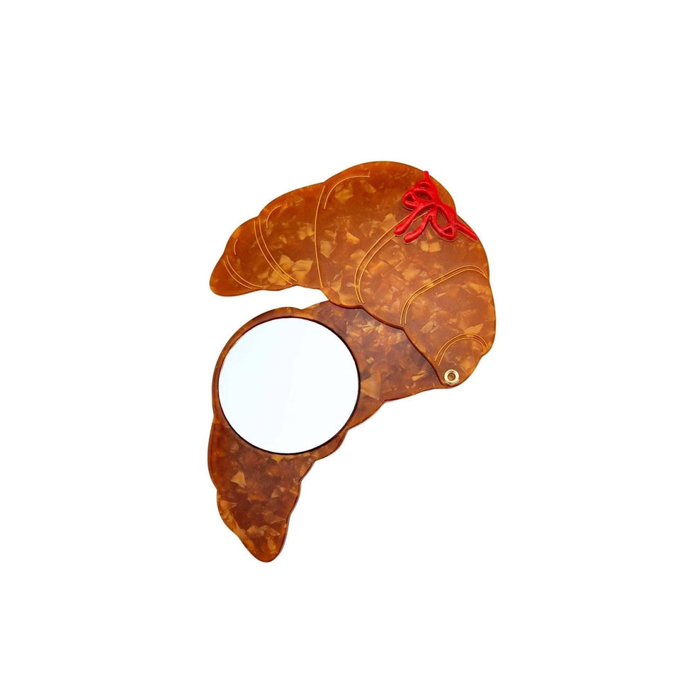 Solar Eclipse hand-painted bow croissant compact mirror with rose gold finish and red bow detail