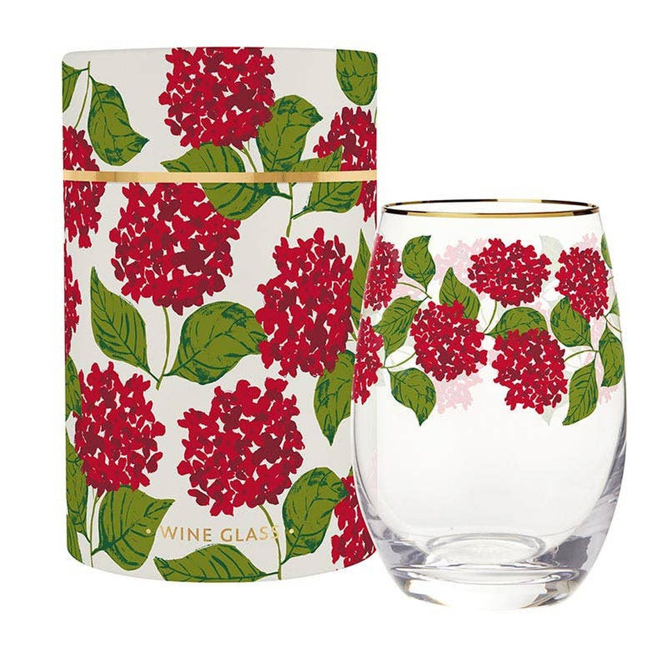 Red Hydrangea wine glass with matching floral tube packaging by Santa Barbara Design Studio