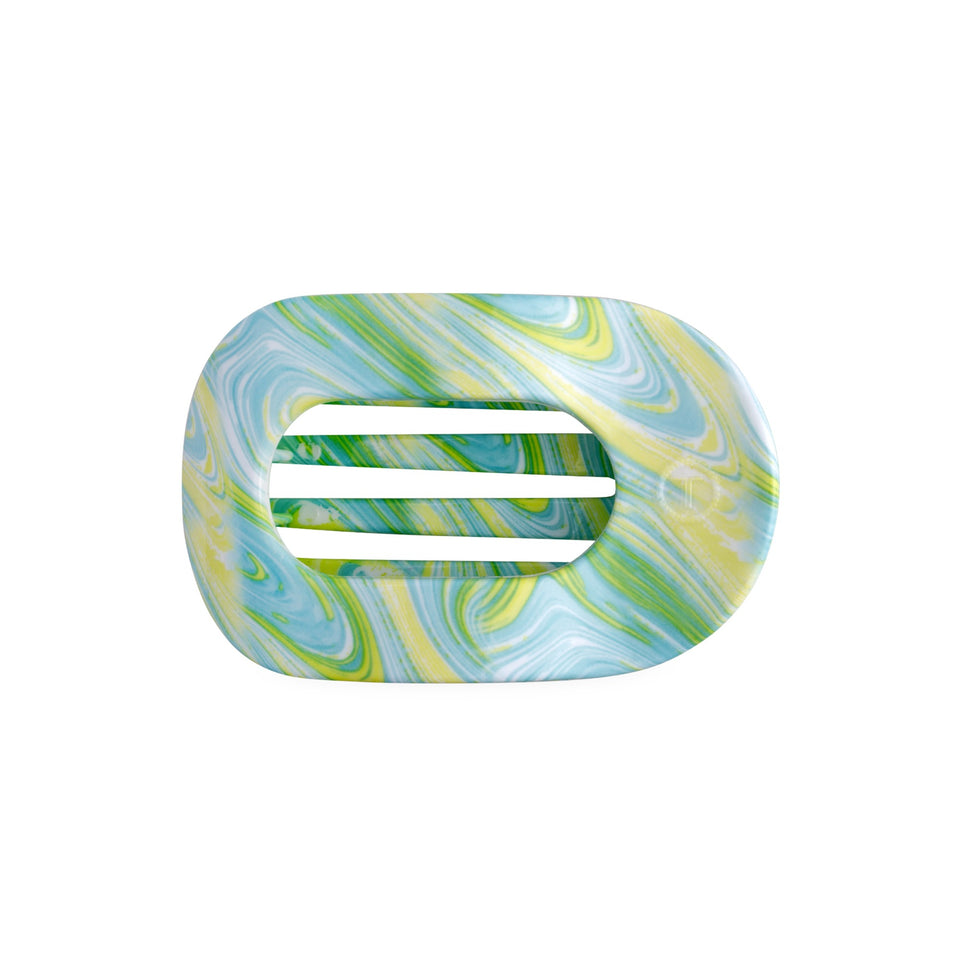 TELETIES By the Sea Shore Medium Flat Round Hair Clip with blue, green and yellow marble pattern