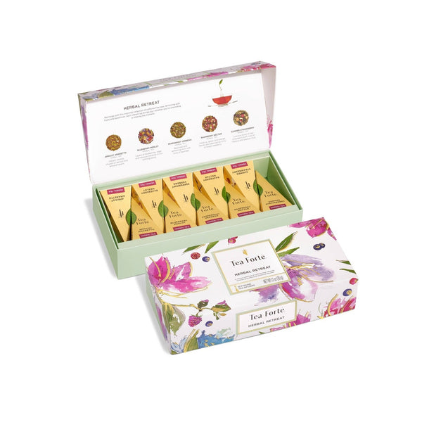 Tea Forte Herbal Retreat Petite Presentation Box with assorted herbal tea sachets displayed