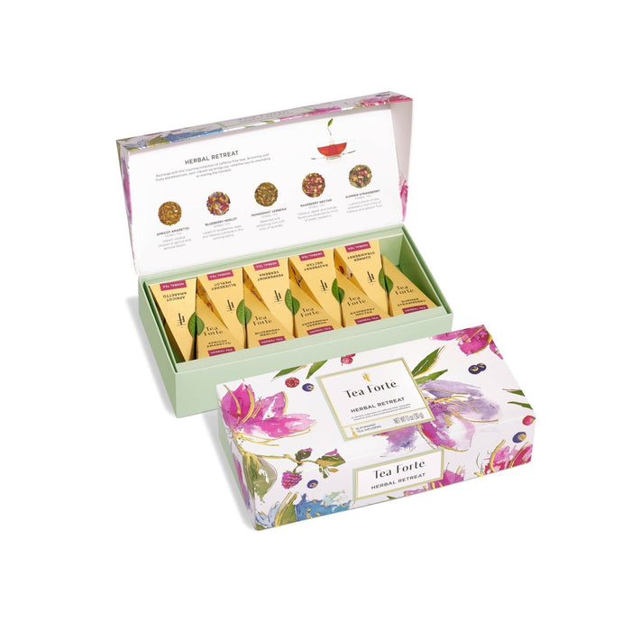 Tea Forte Herbal Retreat Petite Presentation Box with assorted herbal tea sachets displayed