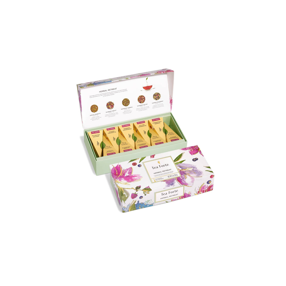 Tea Forte Herbal Retreat Petite Presentation Box with assorted herbal tea sachets displayed