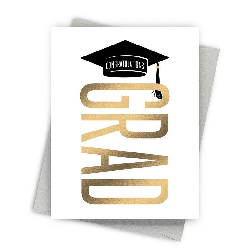 Graduation greeting card with gold 'Grad' text and black mortarboard cap saying Congratulations
