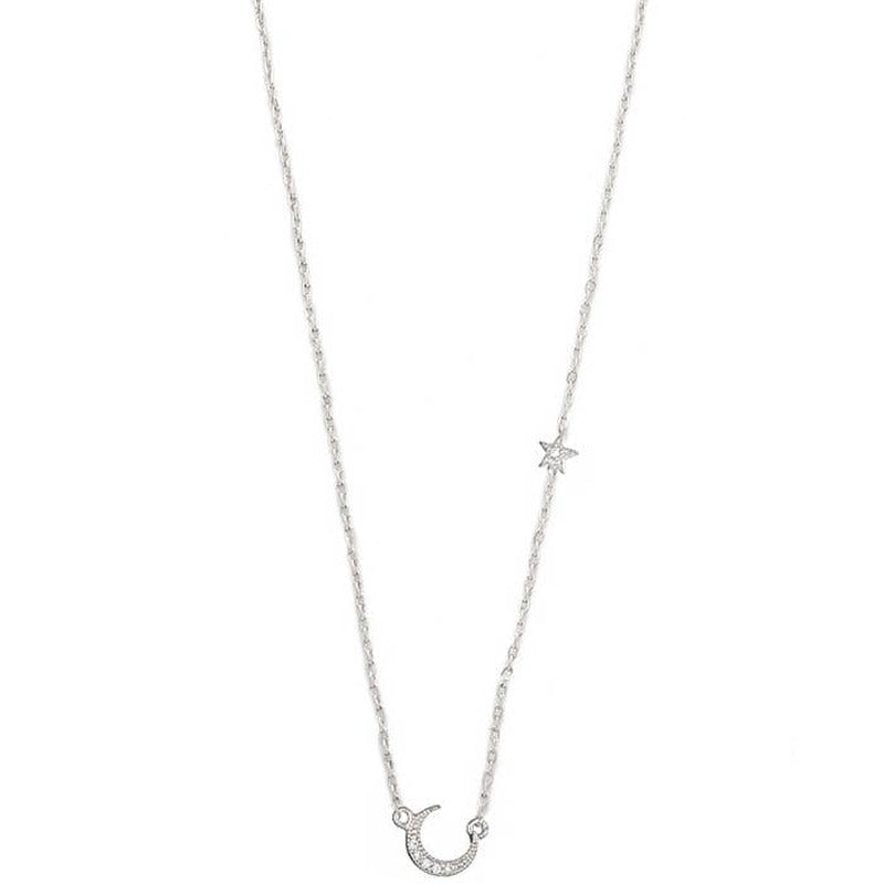 TAI Jewelry Pave Horizontal Moon and Mini Star silver necklace on white background