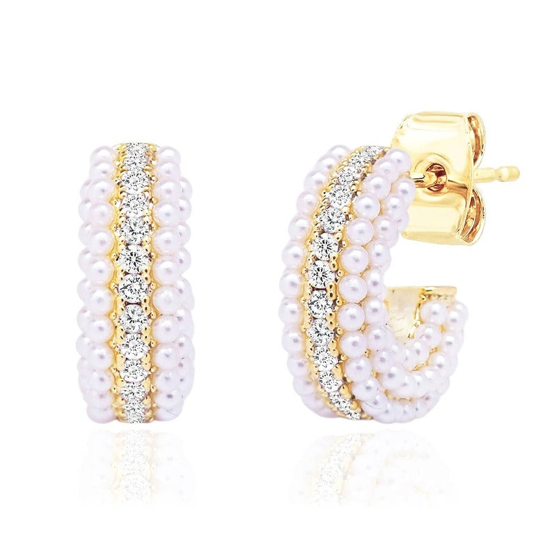 Tai Jewelry tiny pearl and CZ huggie earrings in gold with white pearls and cubic zirconia