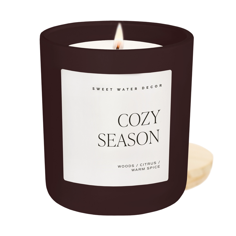 A lit candle in a matte dark brown glass jar with a white label reading 'SWEET WATER DECOR COZY SEASON' and 'WOODS / CITRUS / WARM SPICE'. A beige lid is visible behind the jar on a white background.