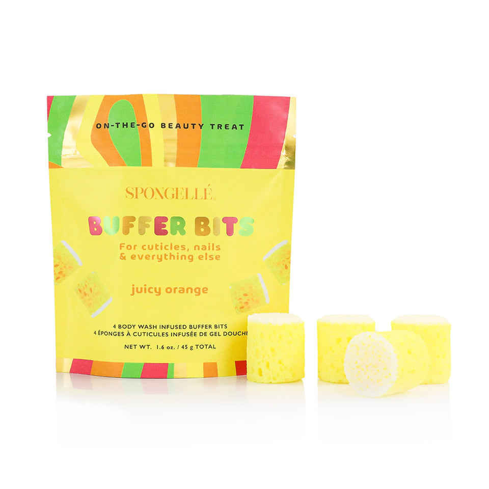 Spongellé Buffer Bits juicy orange body wash sponges with packaging on white background