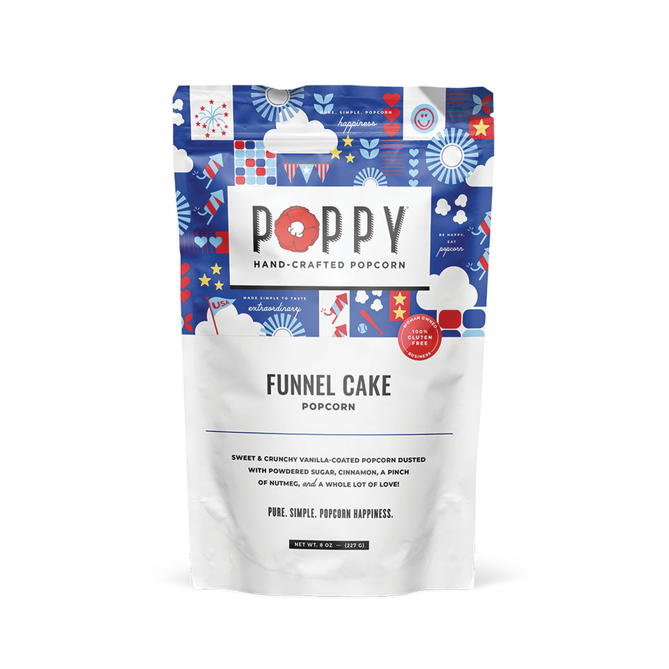 Poppy Hand-Crafted Funnel Cake Popcorn 8oz bag with colorful patriotic design on white background