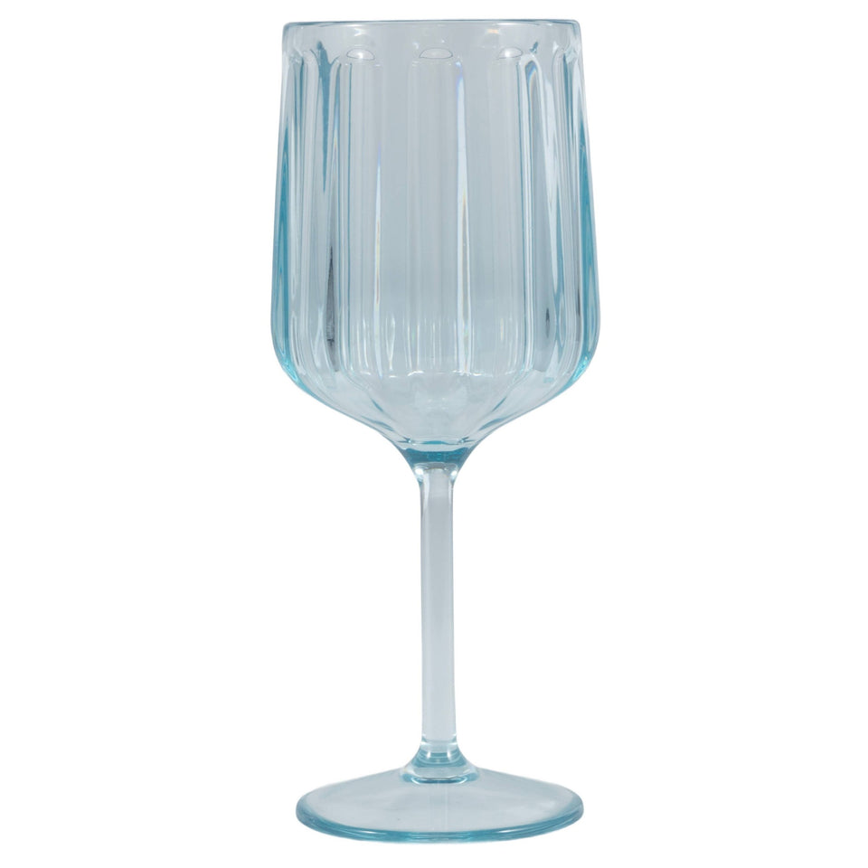 Light blue ribbed plastic wine glass with stem on white background