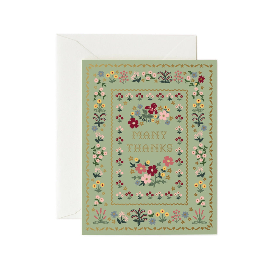 Rifle Paper Co. Moss Thank You Card with floral border design and envelope