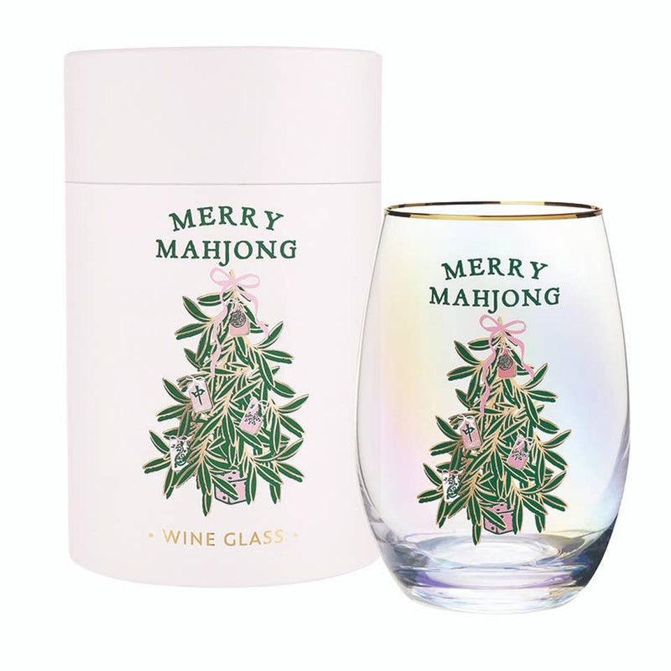 Merry Mahjong gold foil stemless wine glass with matching pink box packaging