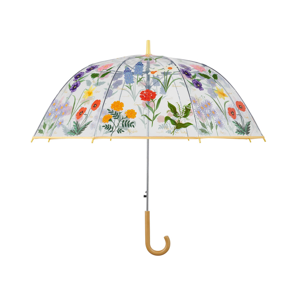 Transparent umbrella with floral design on a white background