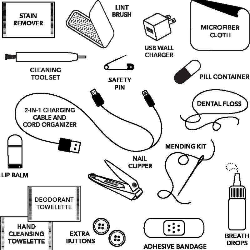 Pinch Provisions Woven Everything Kit contents labeled with stain remover, lint brush, charging cable, and more