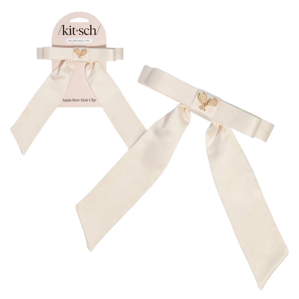 Kitsch Satin Bow Hair Clip in cream with gold leaf detail, displayed flat on white background