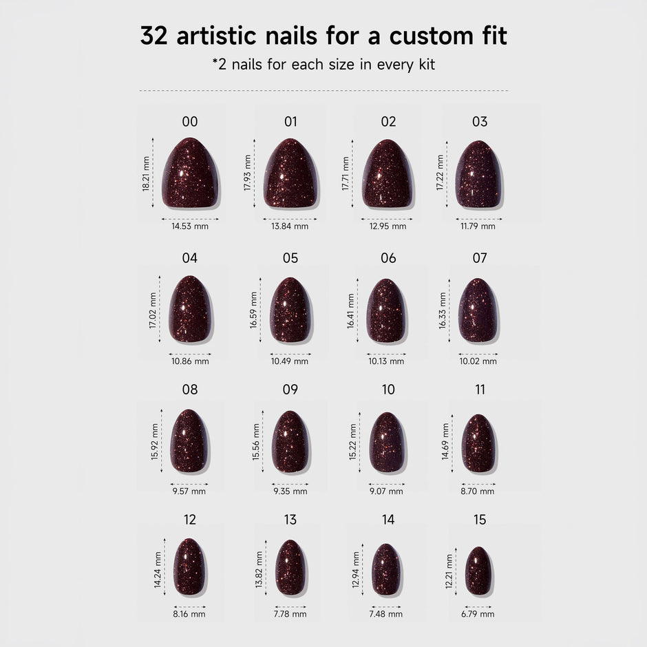 32 press-on nails in sizes 00-15 with measurements displayed for custom fit