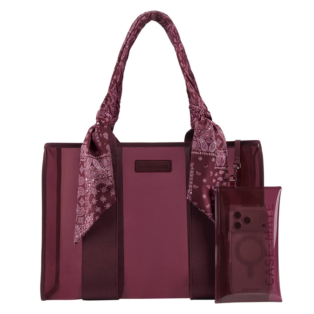 Mulberry Twilly Jelly Tote Bag with patterned handles and transparent phone pocket on white background