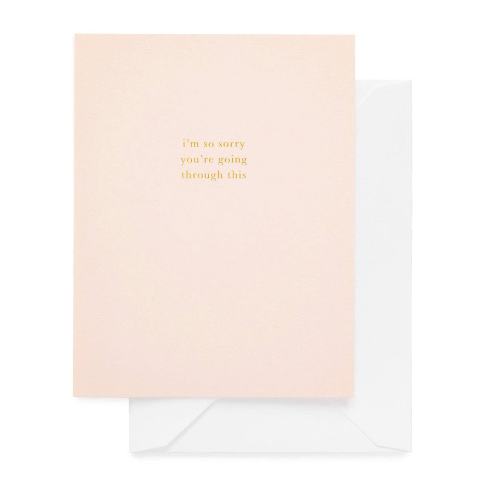 Sugar Paper sympathy card with gold text 'i'm so sorry you're going through this' on pink background