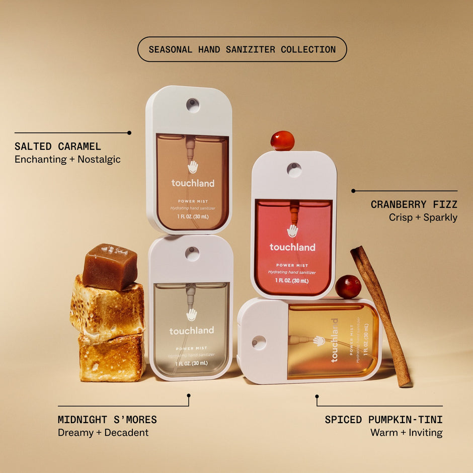 Touchland Seasonal Hand Sanitizer Collection with four scents displayed with descriptive labels