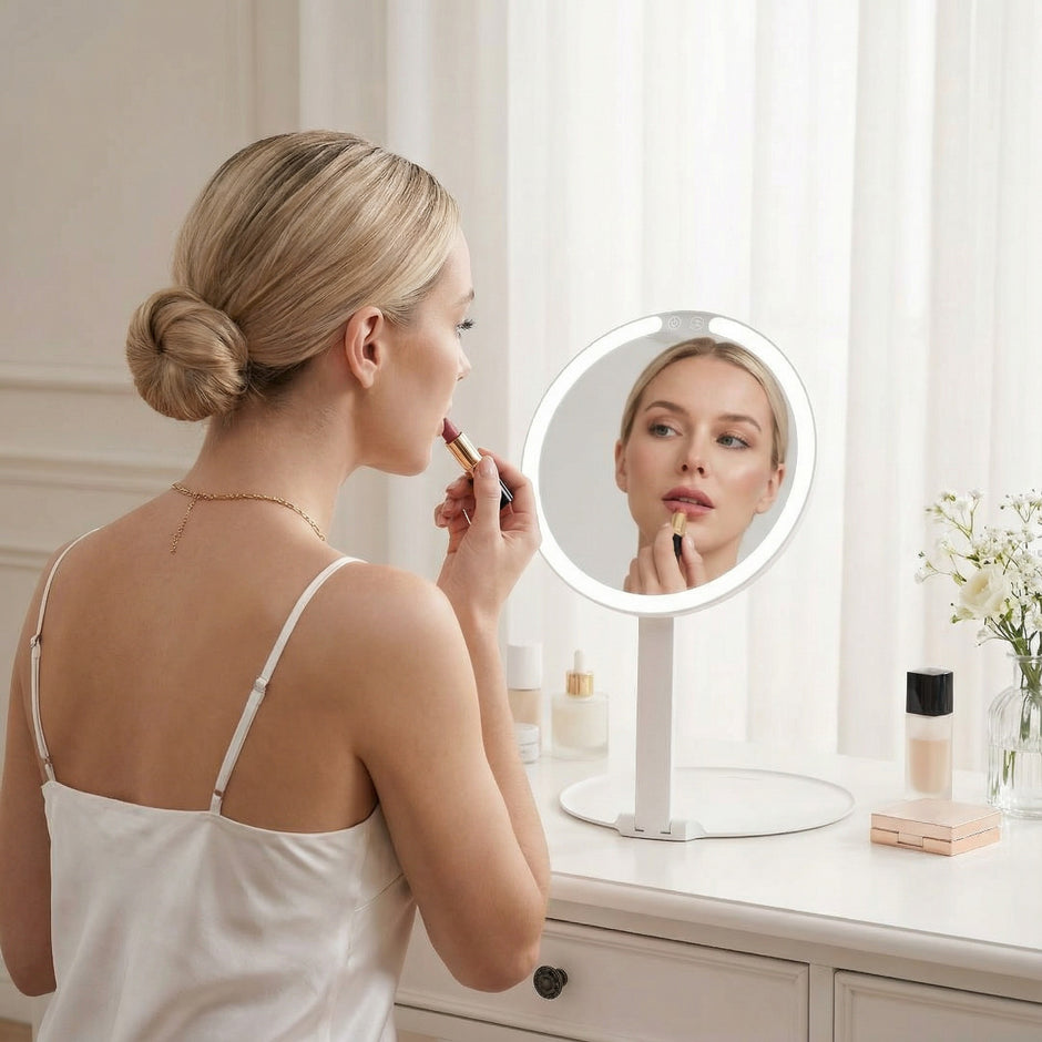 Woman applying makeup using FANCII Abigail rechargeable travel mirror with LED light on vanity