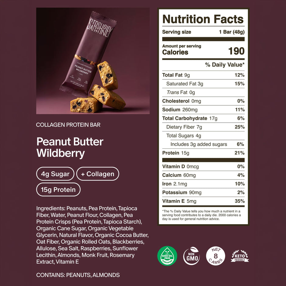 Peanut Butter Wildberry Collagen Protein Bar nutrition facts panel and ingredients list on a plum background with certification badges.