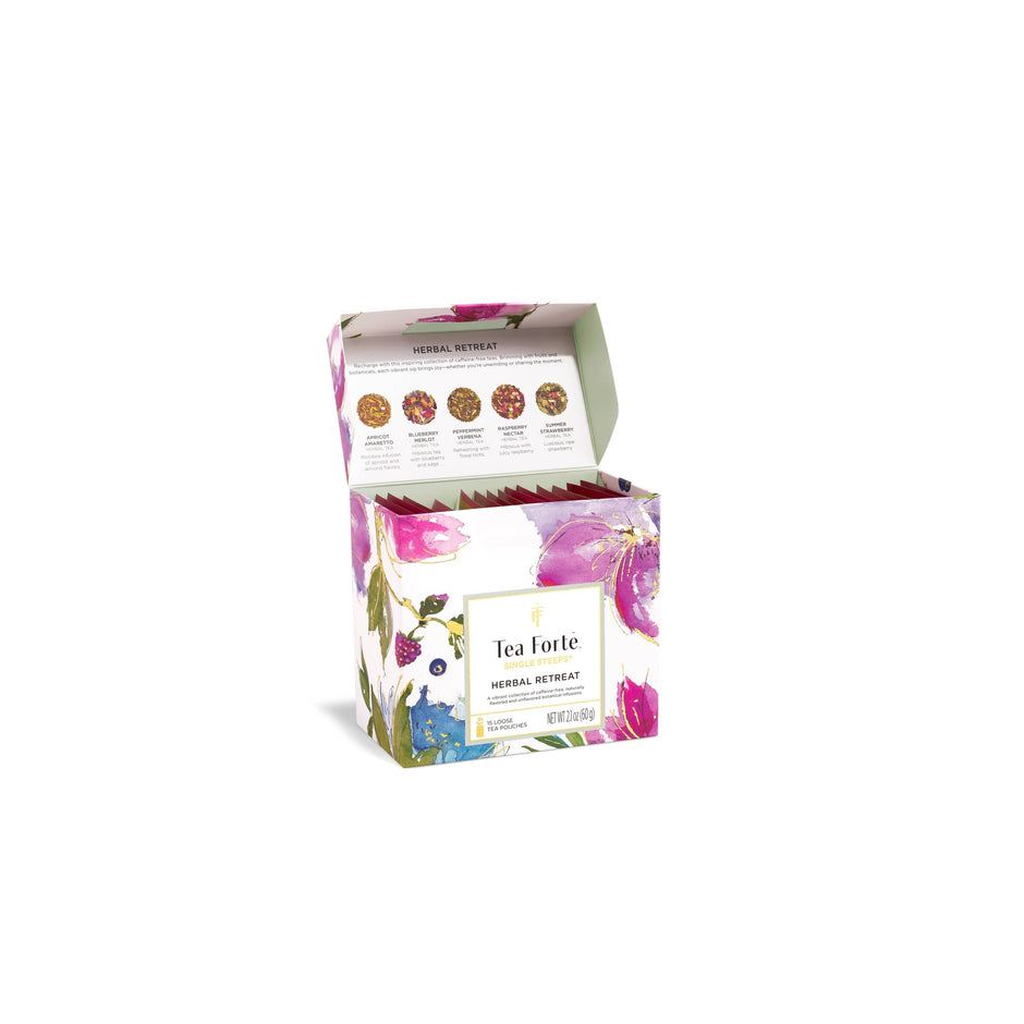 Tea Forte Herbal Retreat Single Steeps sampler box with 16 loose tea pouches displayed open