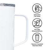 White insulated mug with feature icons showing easy-grip flat sides, non-slip silicone bottom, and vacuum insulation