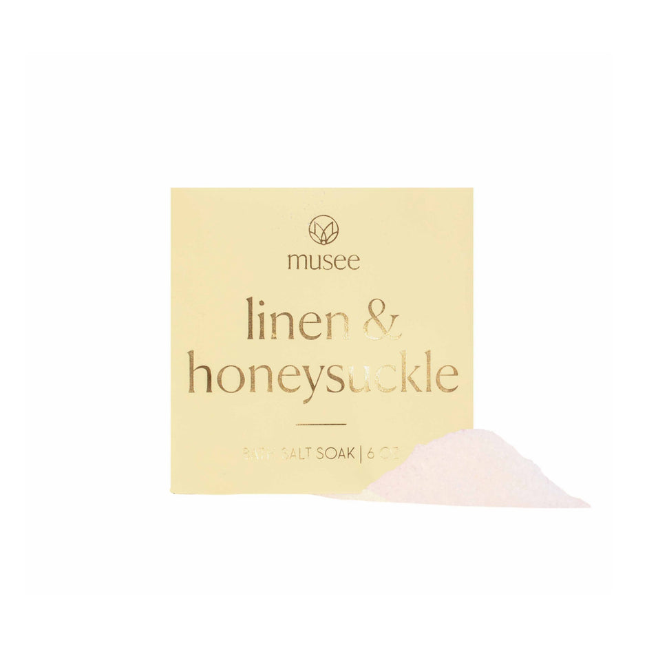 MUSEE Linen & Honeysuckle Mini Bath Soak 6 oz package with bath salt crystals displayed