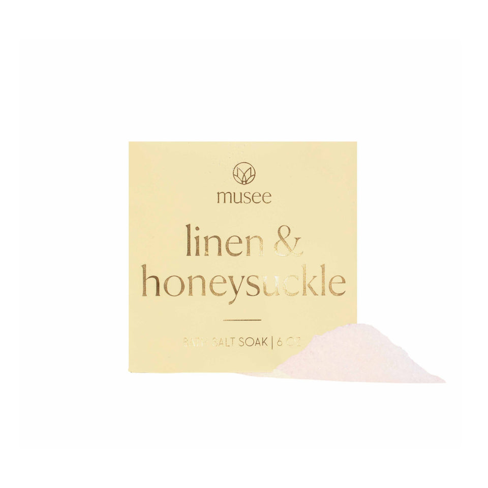 MUSEE Linen & Honeysuckle Mini Bath Soak 6 oz package with bath salt crystals displayed