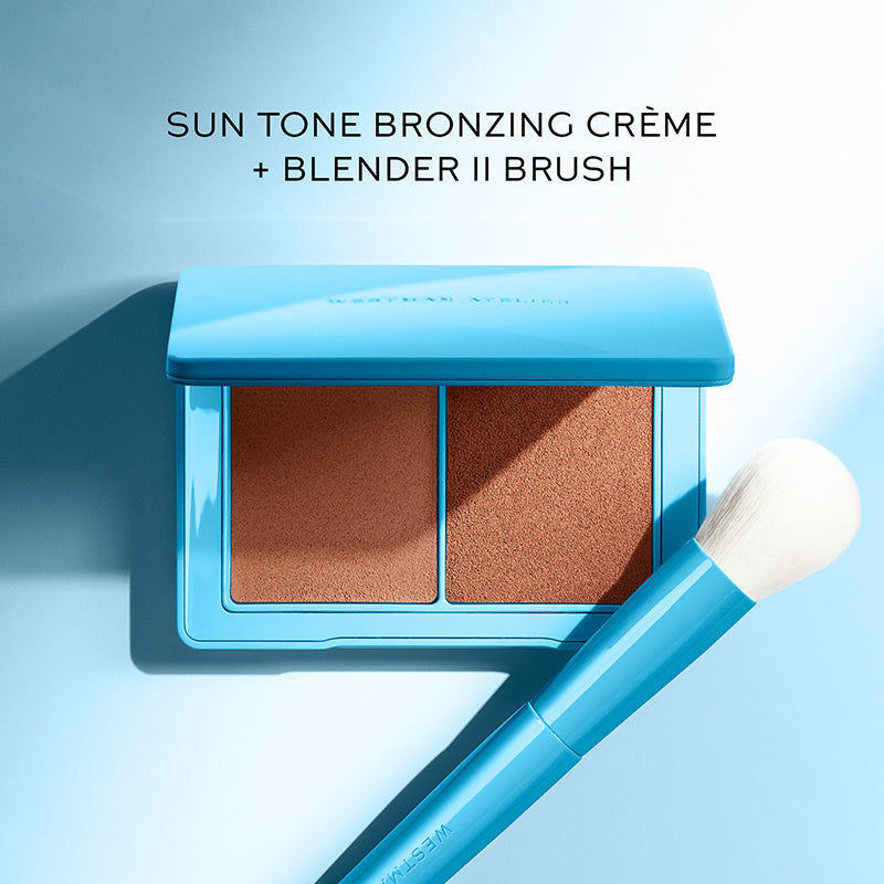 Sun tone bronzing crème with blender brush on a light blue background
