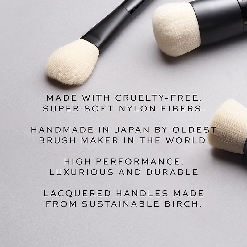 Makeup brushes with text about their materials and origin on a light gray background