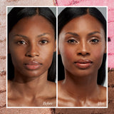 Before and after beauty comparison of a woman's face, showing natural skin on the left and smoother, more radiant skin on the right, framed by a pink textured border with 'Before' and 'After' text.