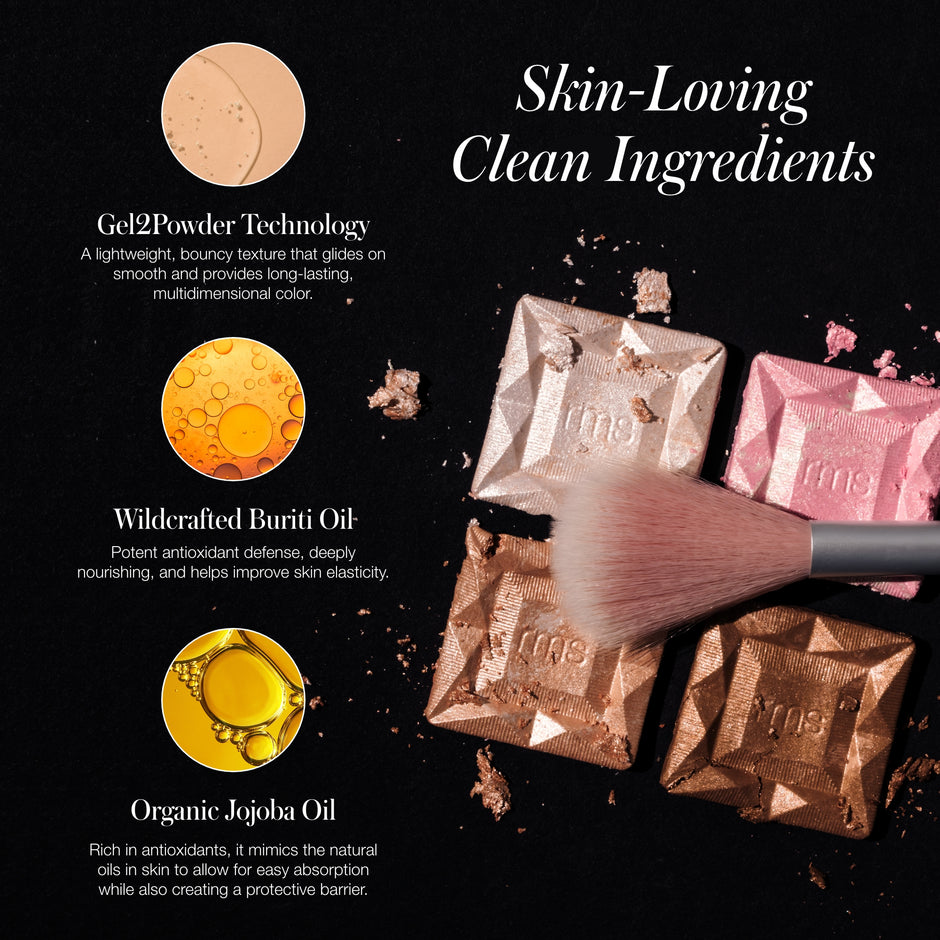 Promotional graphic for a skin-loving clean RMS eyeshadow on a black background, showing several shades in champagne, rose gold, and pink, a makeup brush, and three ingredient callouts with text about Gel2Powder Technology, Wildcrafted Buriti Oil, and Organic Jojoba Oil.