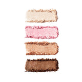 Four textured eyeshadow swatches stacked vertically on a white background, showing shades of champagne beige, light pink, warm bronze, and deep brown.