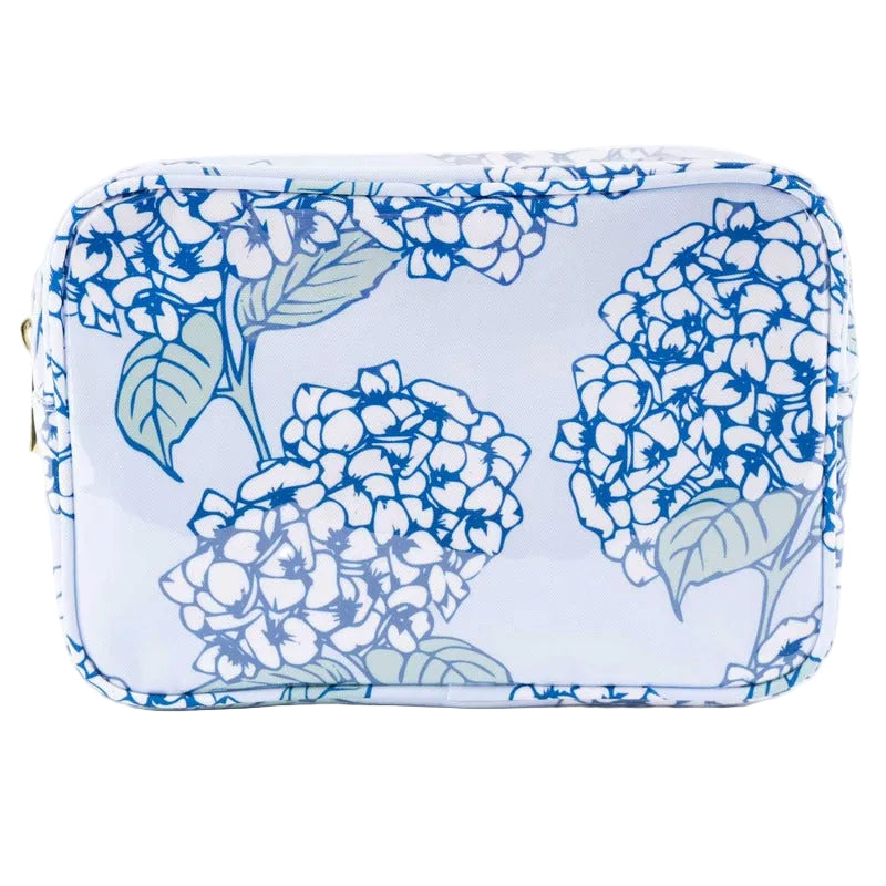 Hydrangea Stem Clear Coated Rectangular Cosmetic Case in blue and white floral design