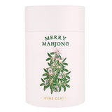 Merry Mahjong gold foil stemless wine glass with mahjong tile tree design on white background