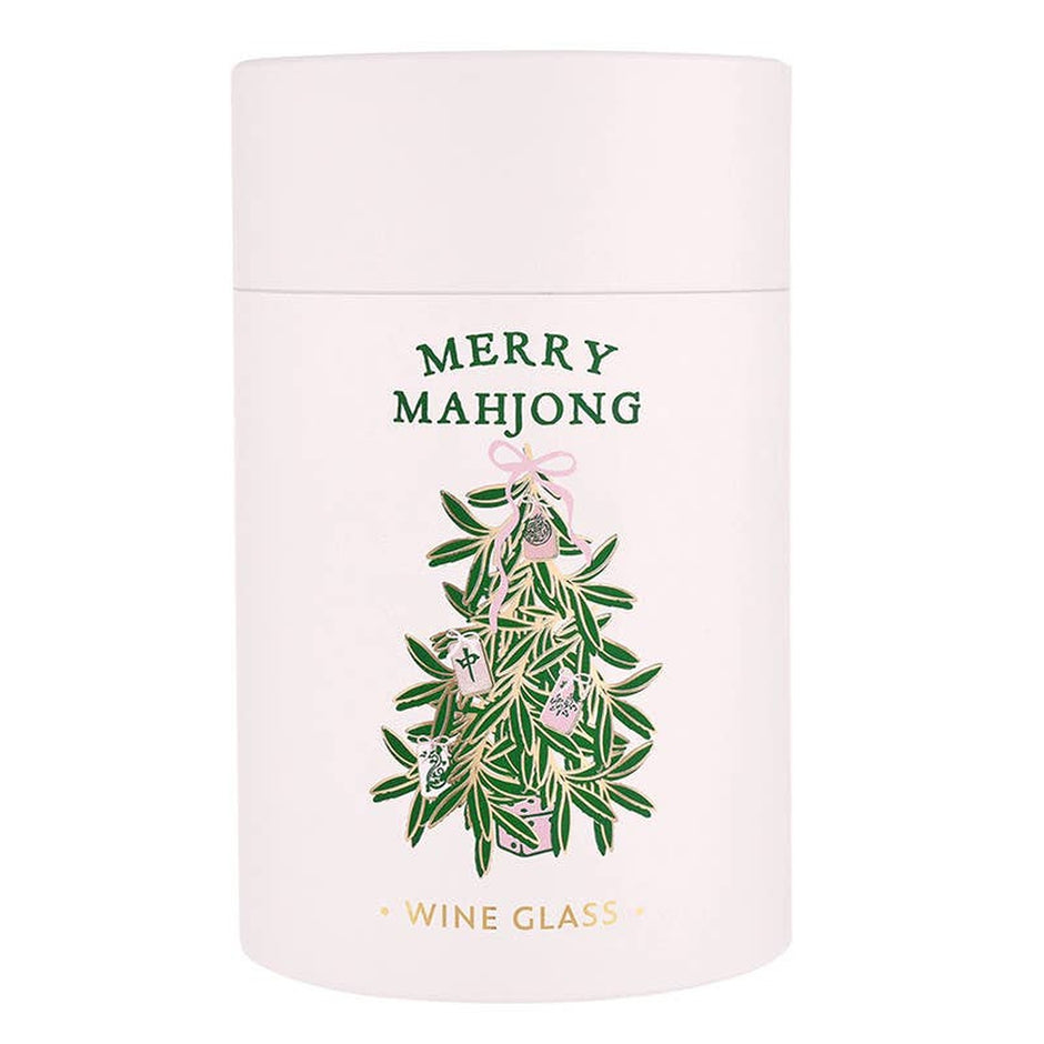 Merry Mahjong gold foil stemless wine glass with mahjong tile tree design on white background