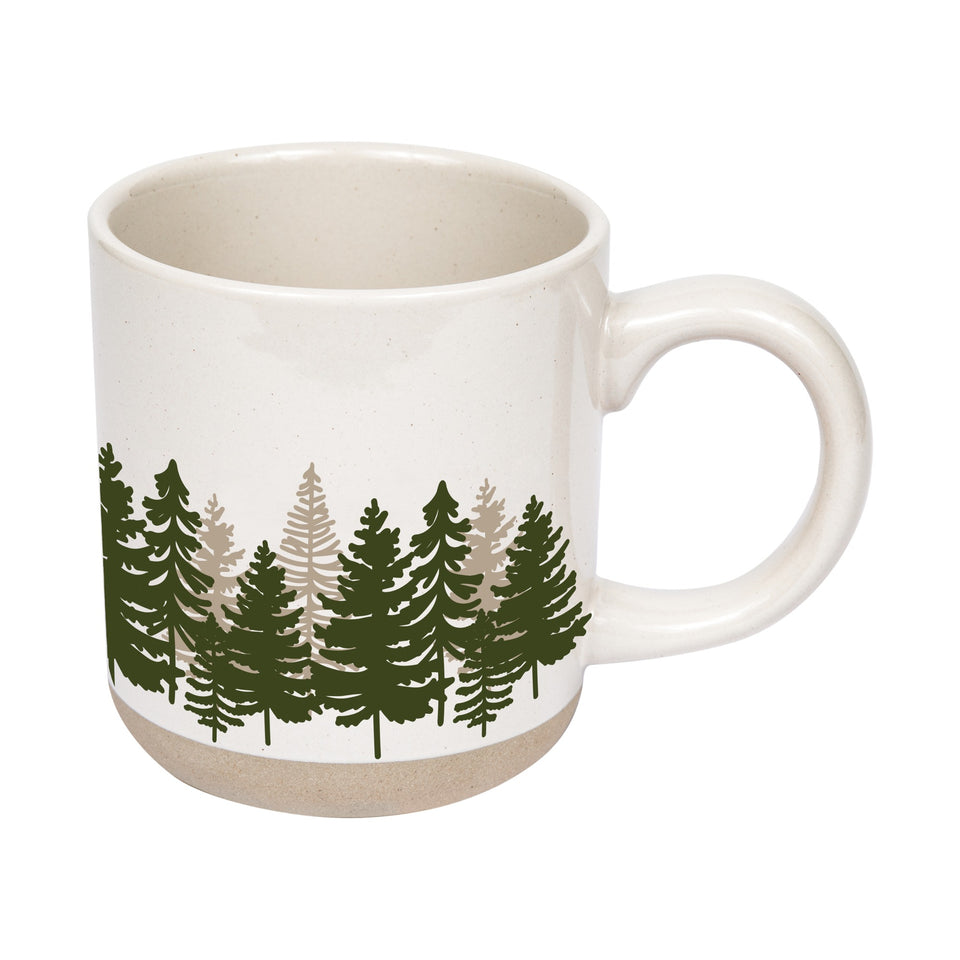 White stoneware coffee mug with forest tree design in green and tan colors