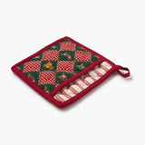 Red Beary Christmas pot holder with quilted design featuring bears and checkered patterns on white background