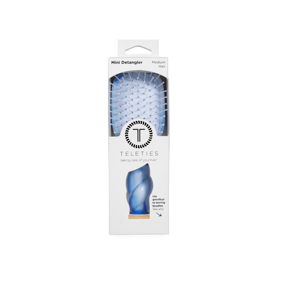 TELETIES Mini Detangler Brush for Medium Hair in Tide & True blue, packaged in branded retail box