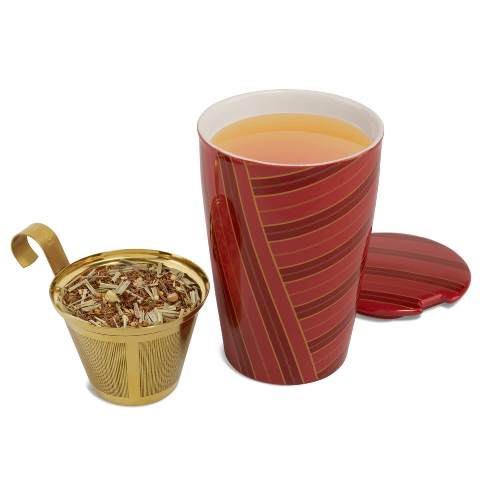 Tea Forte Warming Joy KATI Cup with infuser basket and lid on white background
