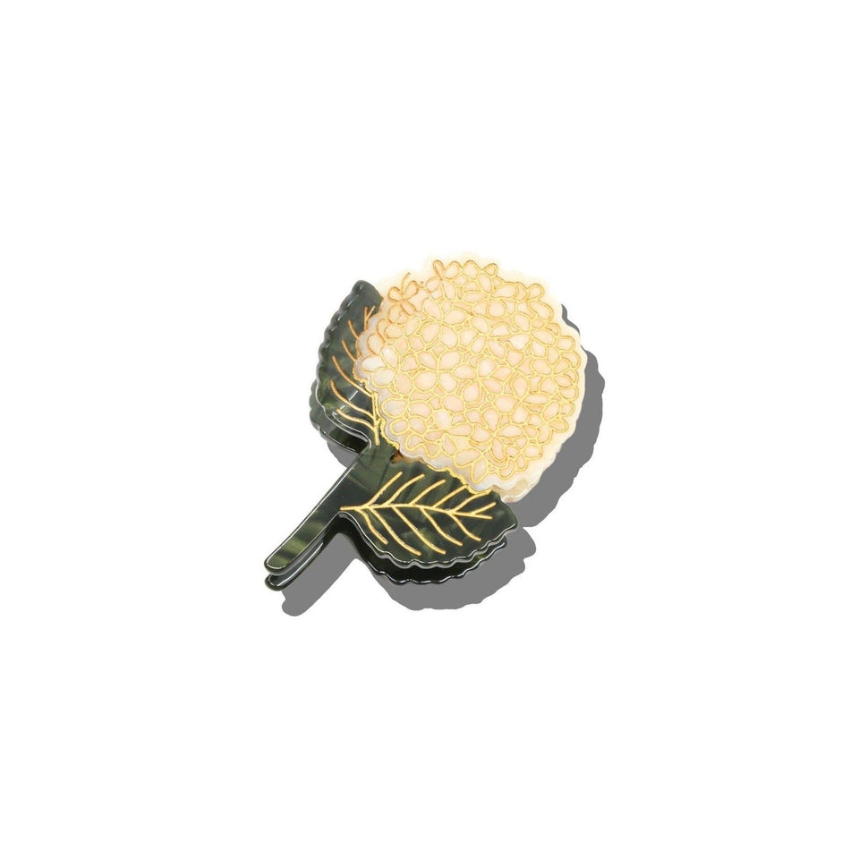 Solar Eclipse hand-painted hydrangea claw hair clip with gold and black design