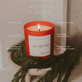 Ho Ho Ho 15oz soy candle with product features: 100% cotton wick, premium fragrance oil, phthalate-free, non-toxic ingredients, 70+ hour burn time