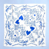 White silk bride hair scarf with blue hearts, florals, and bridal text design