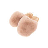 Tan faux fur jumbo slippers with plush lining and tan trim, overhead view on white background